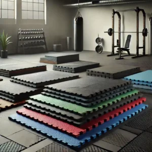 Muestras de losetas de caucho de diferentes colores para zonas fitness