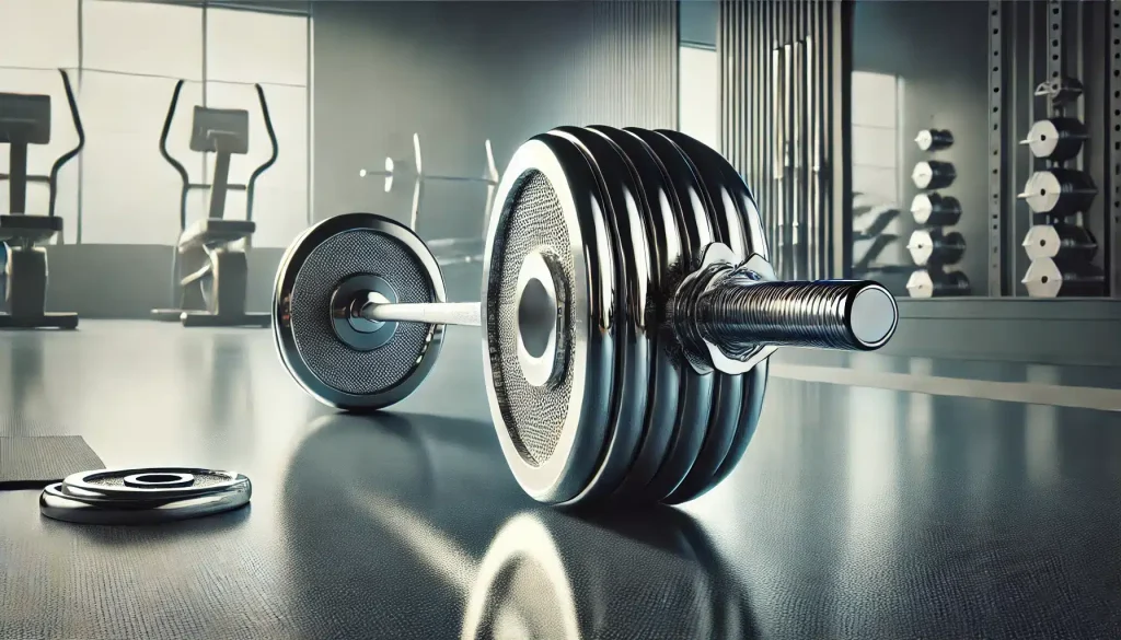 Primer plano de mi barra olímpica cromada ideal para entrenamientos de levantamiento de pesas y crossfit en casa o gimnasio