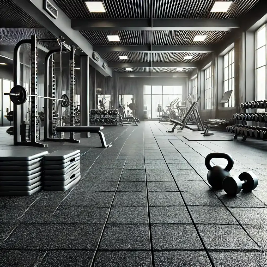 Inicio Vista cuadrada de un gimnasio moderno con baldosas de caucho negro, equipado con mancuernas, kettlebells y barras, iluminado con luz natural de grandes ventanas