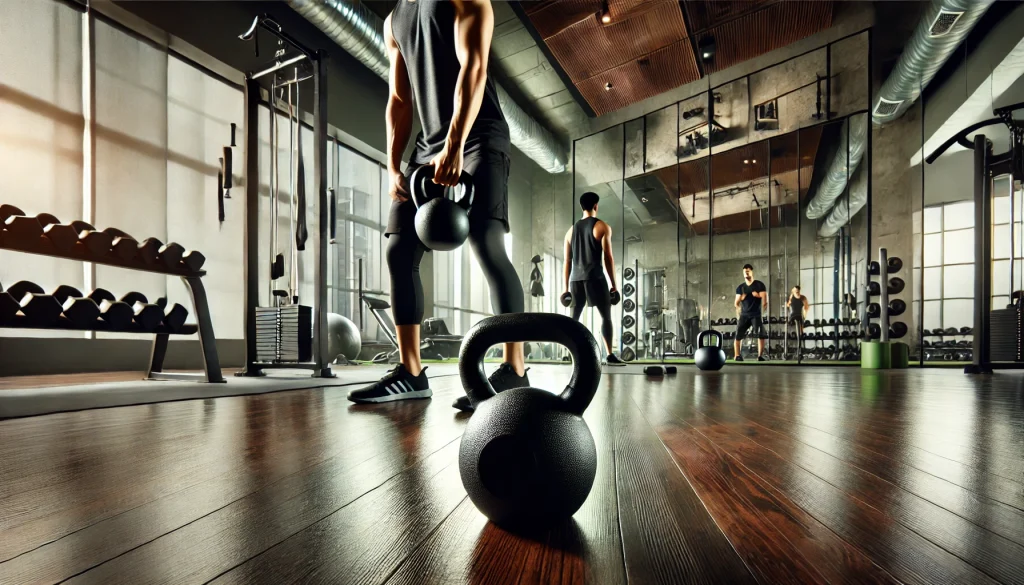 Especialista ejecutando un levantamiento de kettlebell en su gimnasio en casa