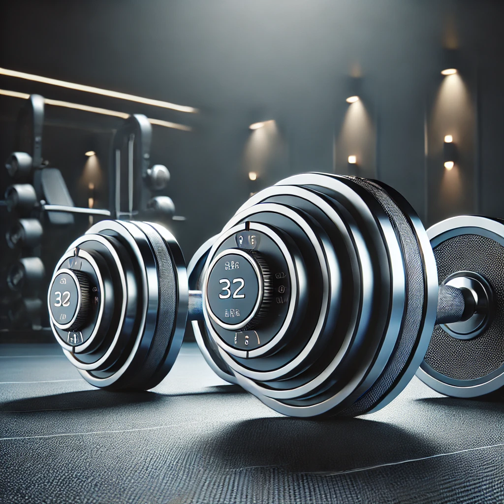 Par de mancuernas ajustables modernas con diseño futurista en un estudio de fitness profesional
