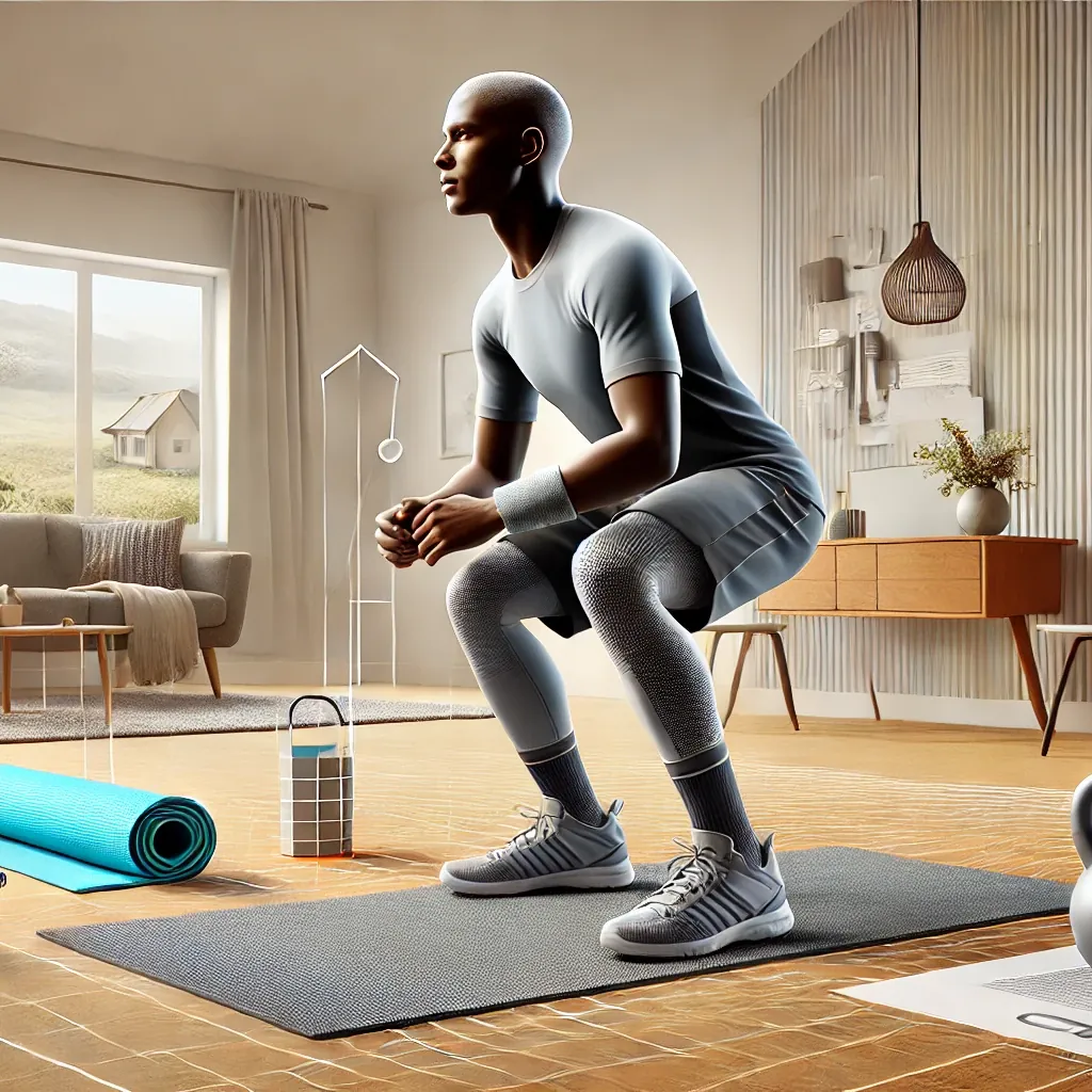 Persona fitness realizando ejercicio en casa, con un cuerpo tonificado, usando equipo de entrenamiento como esterilla y mancuernas, en un ambiente acogedor de sala de estar.