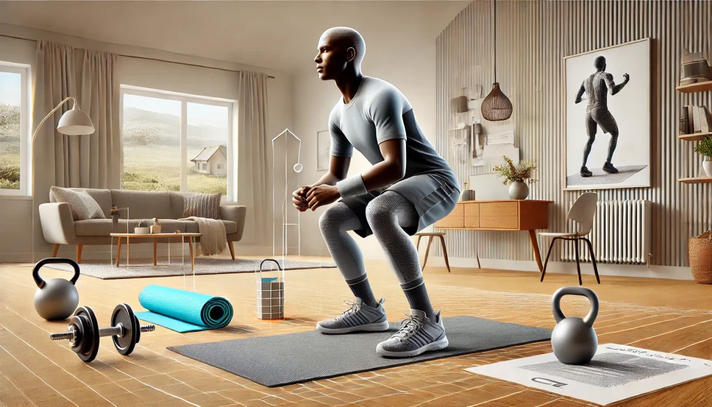 Hombre entrenando en casa con mancuernas y esterilla para ganar masa muscular