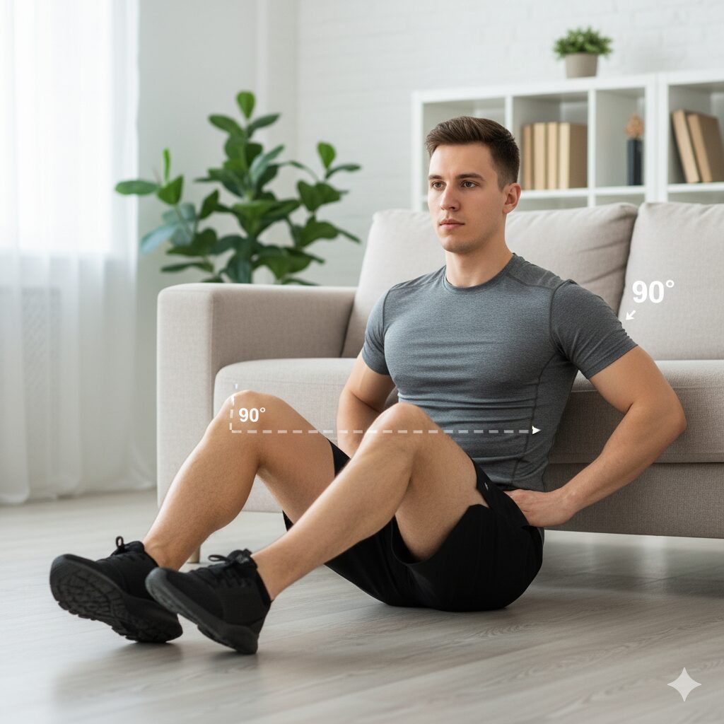 Posición inicial correcta para hip thrust en casa apoyando la espalda en una superficie estable