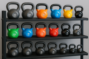 kettlebels en una estanteria
