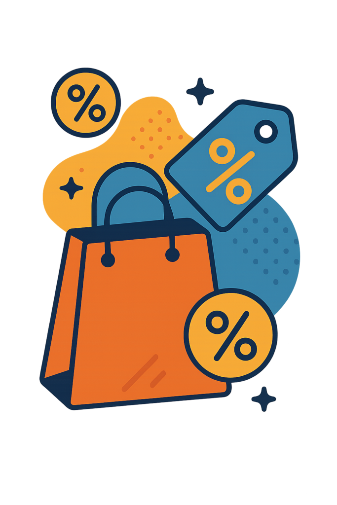 Inicio Imagen de una bolsa con iconos con % para las mejores ofertas