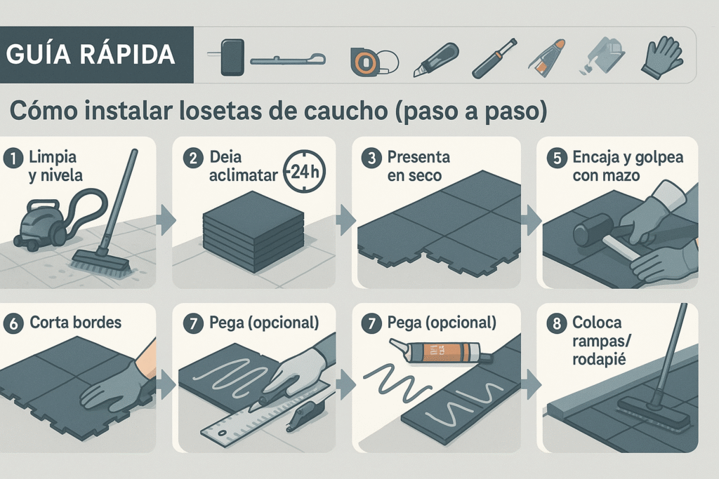 Losetas de caucho: guía práctica, precios y cómo elegir por uso Instalacion loseta de caucho paso a paso